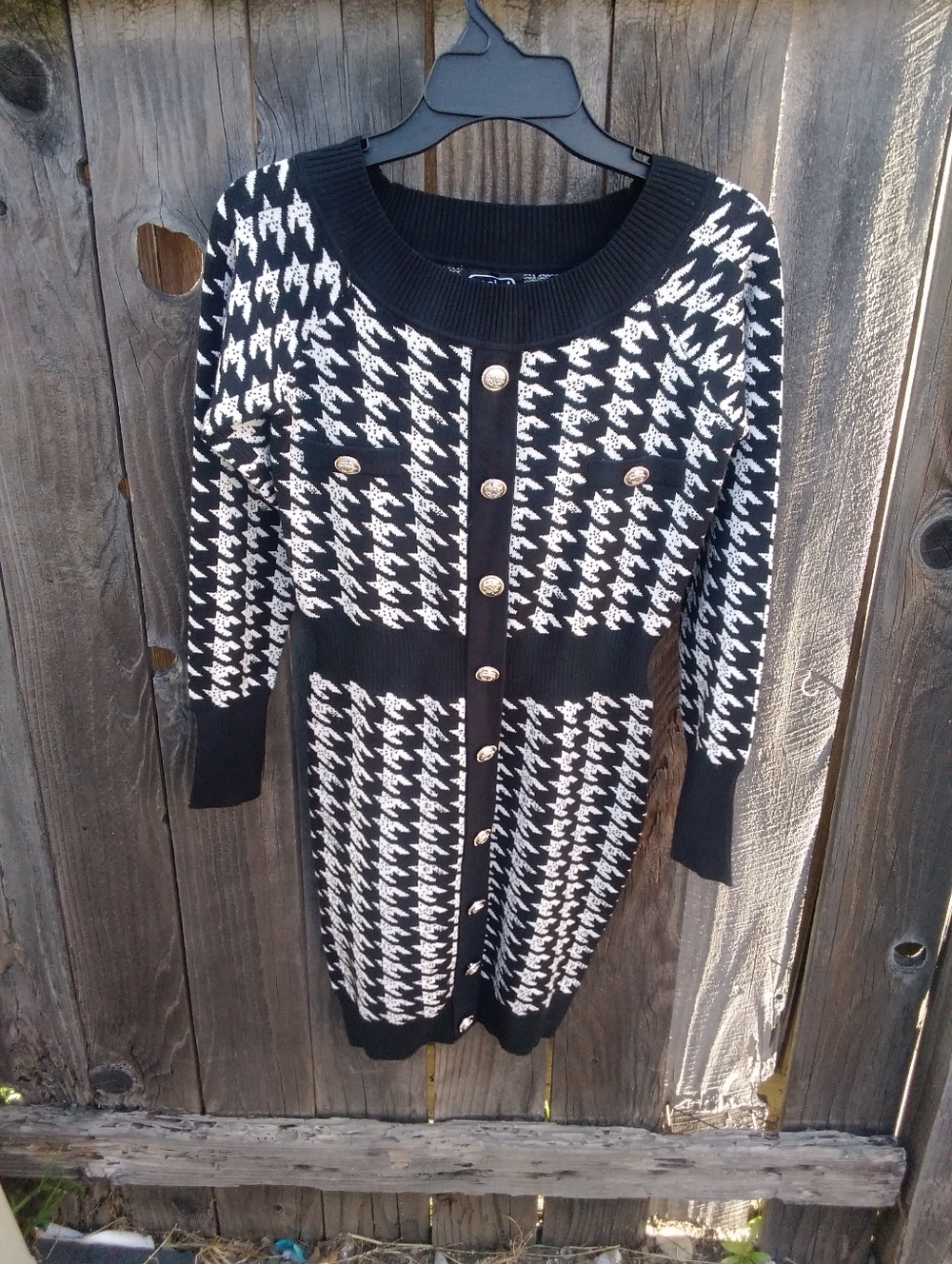 Cashel Dress Knit Body Con Silver Buttons Med / Large Houndstooth Long Sleeve